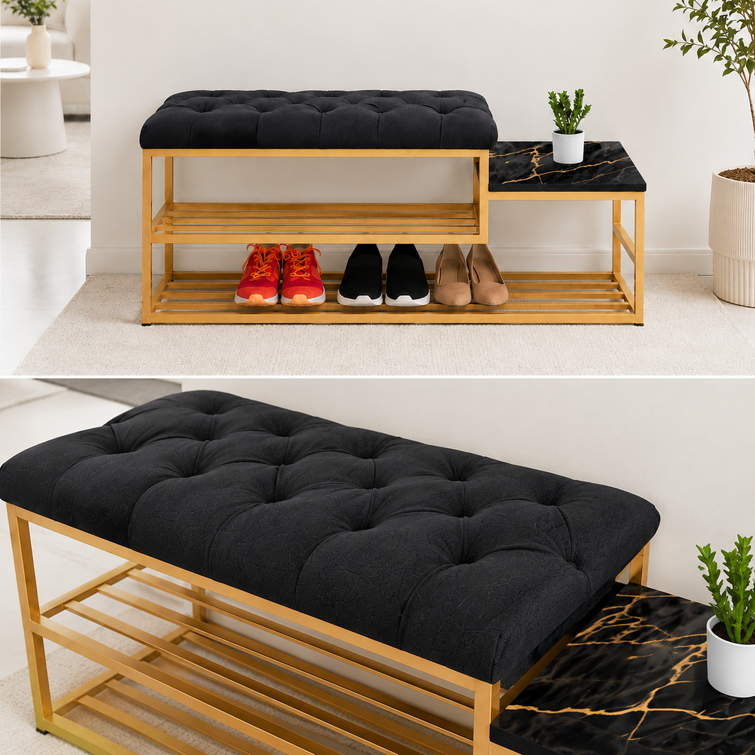 Modern Entryway Shoe Rack Bench with Cushion Seat & Storage