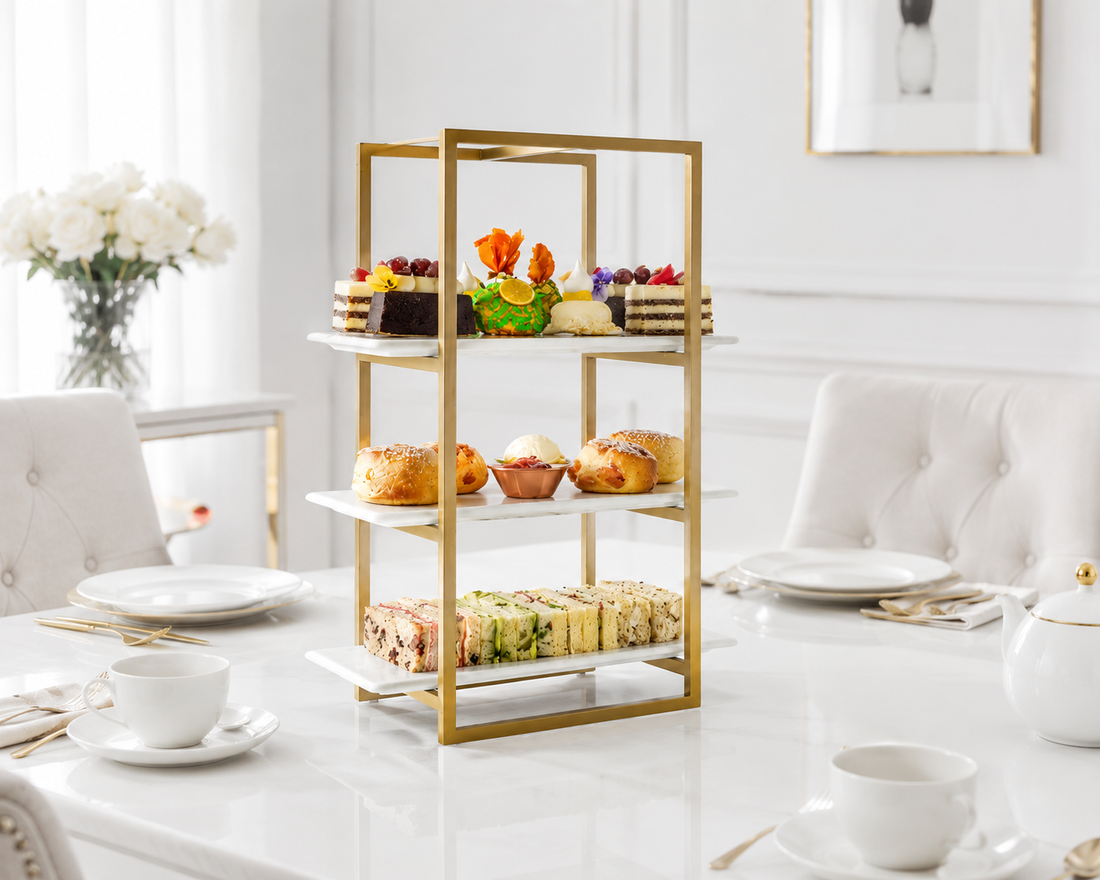 Luxury 3-Tier Gold Serving Stand with White Marble Shelves