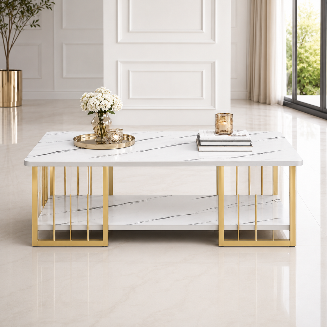 3 Layer Marble Center Table with Stainless Steel Frame