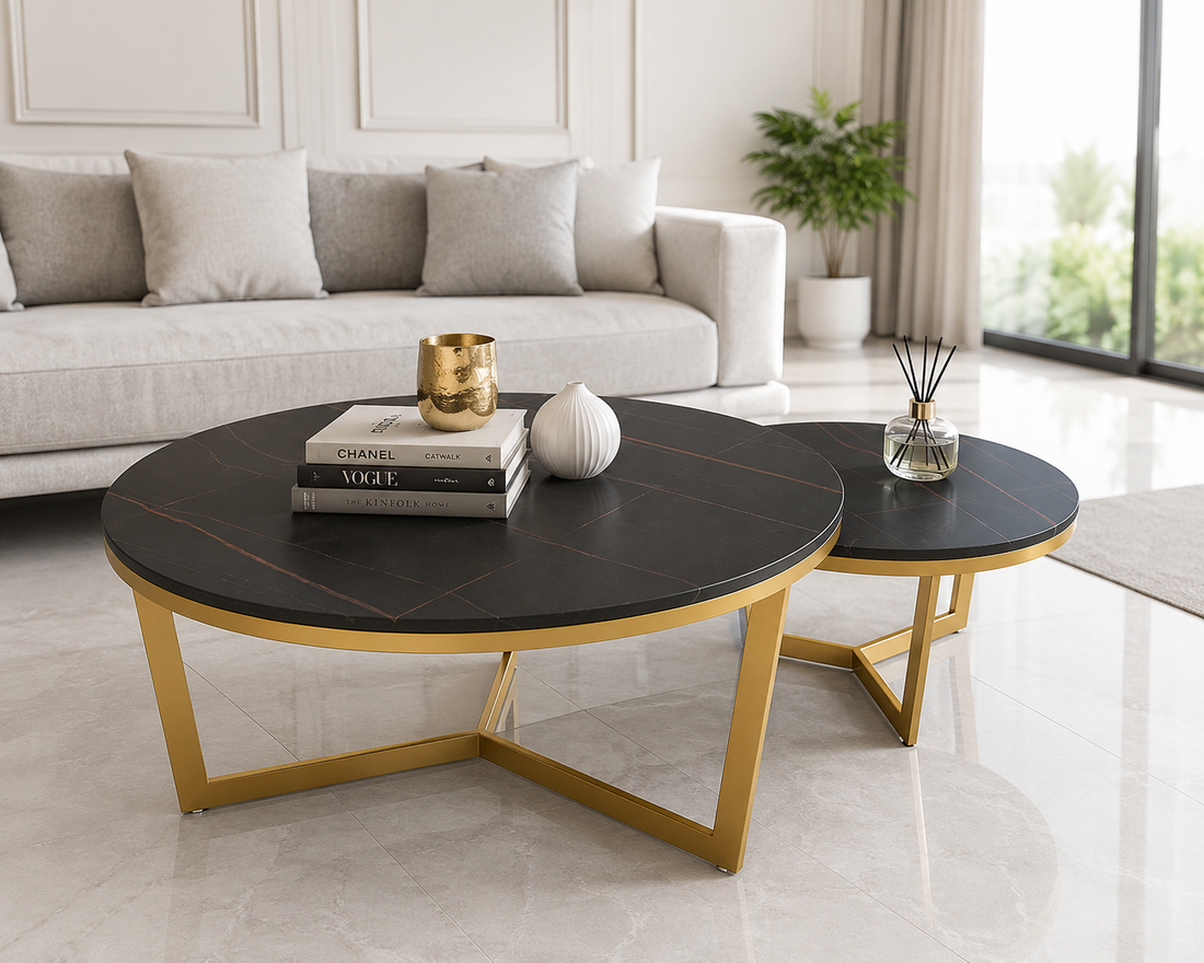 Luxury White Marble Nesting Center Table Set with Gold Stainless Steel Frame