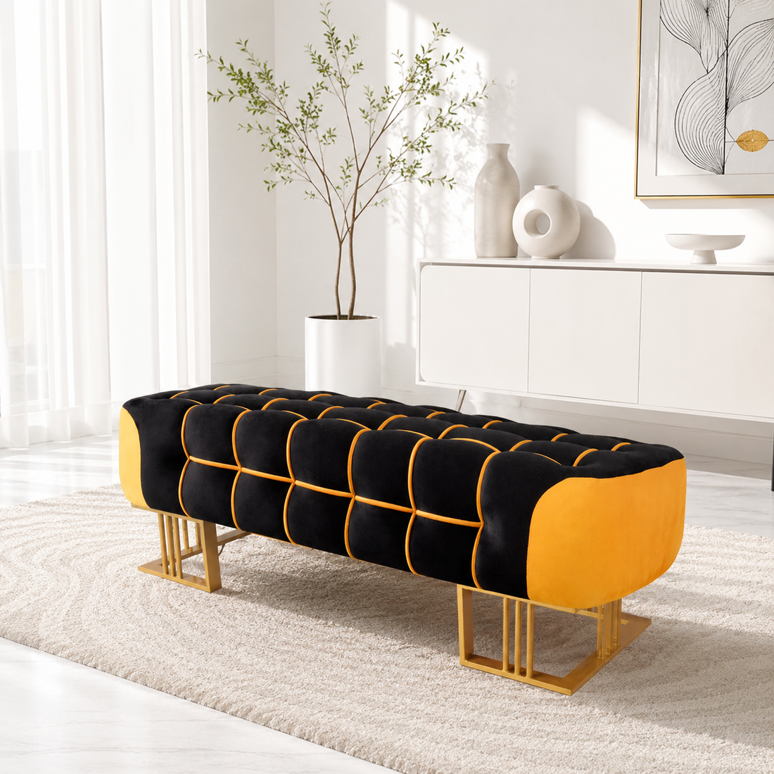 LuxeGrid 3-Seater Velvet Ottoman Bench