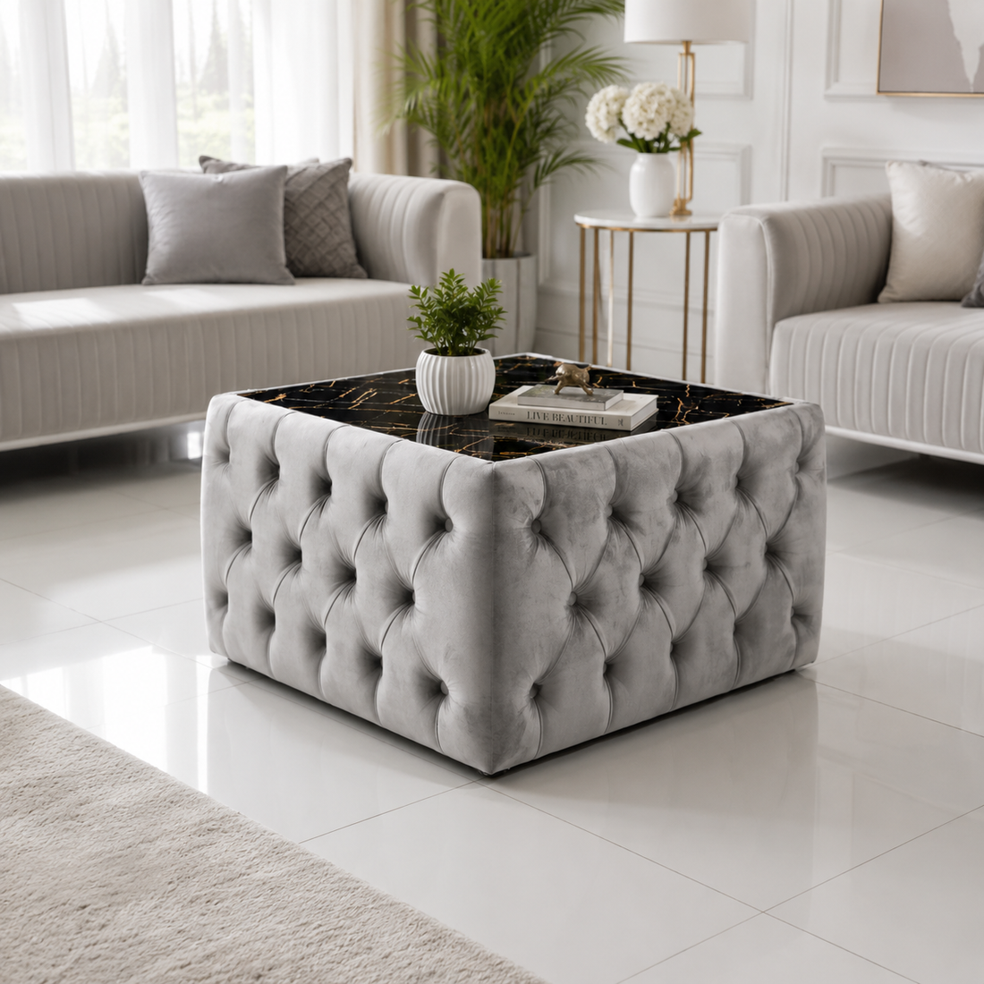 Upholstered Chesterfield Marble Top Coffee Table