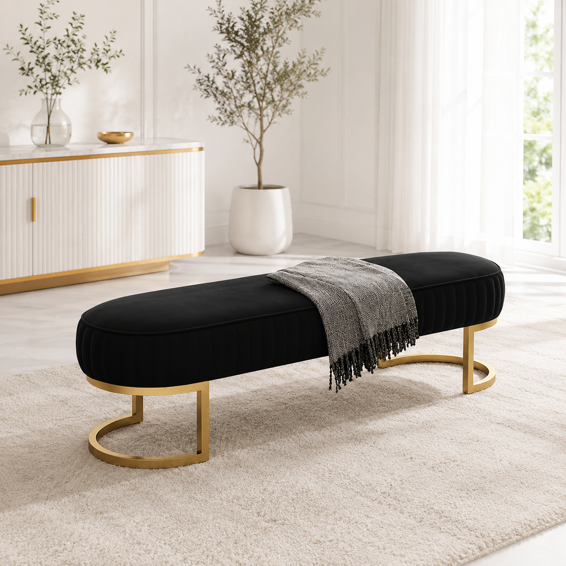 LunaCurve 3-Seater Velvet Ottoman Bench with Gold Steel Stand